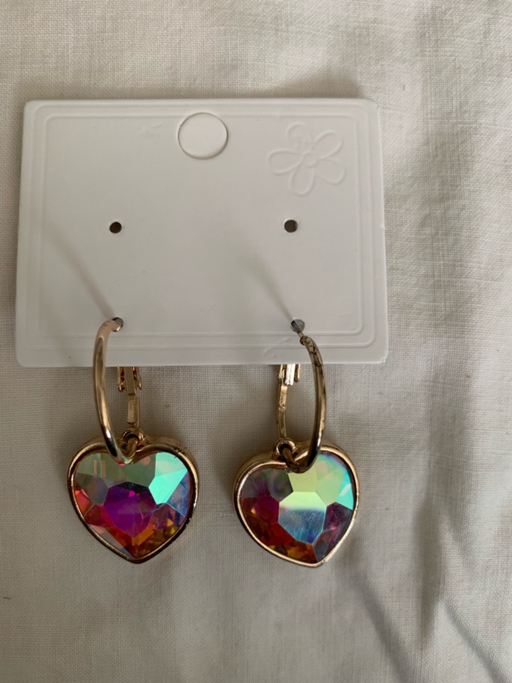 Gold Hoop Earrings with Iridescent Heart Drops